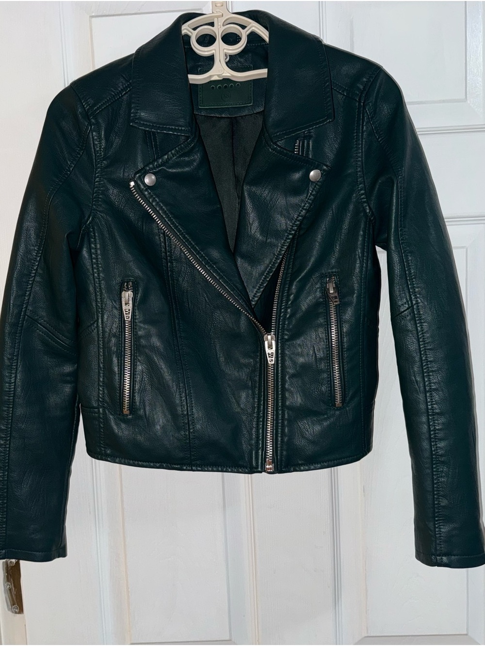 BlankNYC Dark Green Vegan Leather Moto Biker Jacket Removable Hood XS